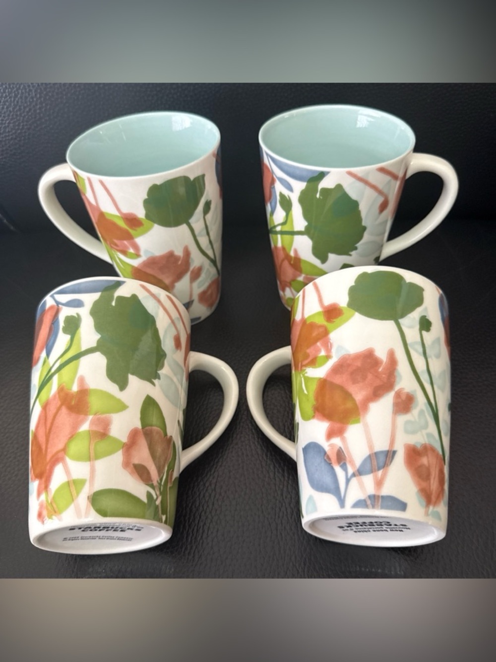 Starbucks Floral Ceramic Mugs - Green, Coral & Blue set of 4  capacity 16 oz.New